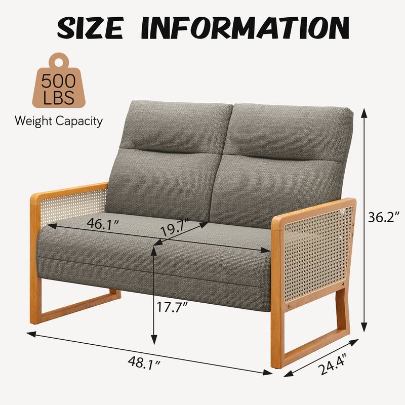 48.1" Modern Upholstered Loveseat Sofa for Small Space with Rattan Arms