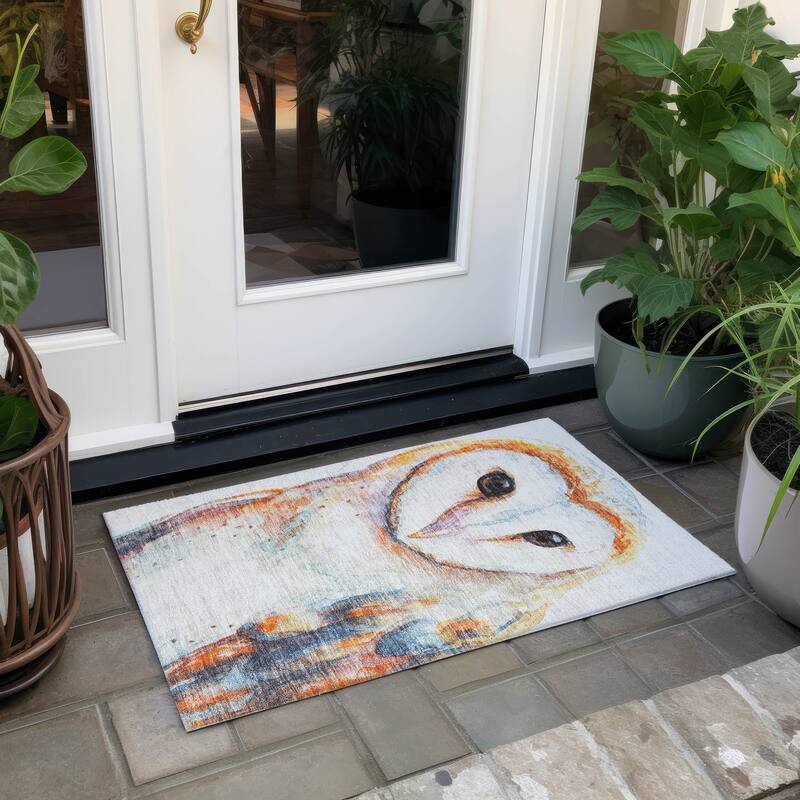 Machine Washable Indoor/ Outdoor Modern Owl Chantille Rug - Ivory - 1'8" x 2'6"