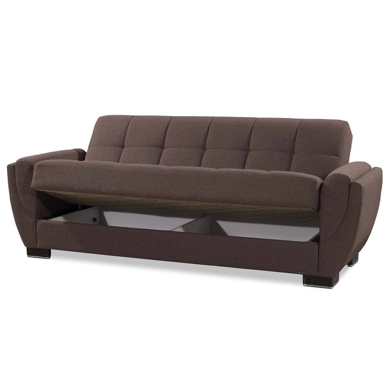 HomeRoots 93" Brown Chenille Convertible Futon Sleeper Sofa And Toss Pillows With Storage