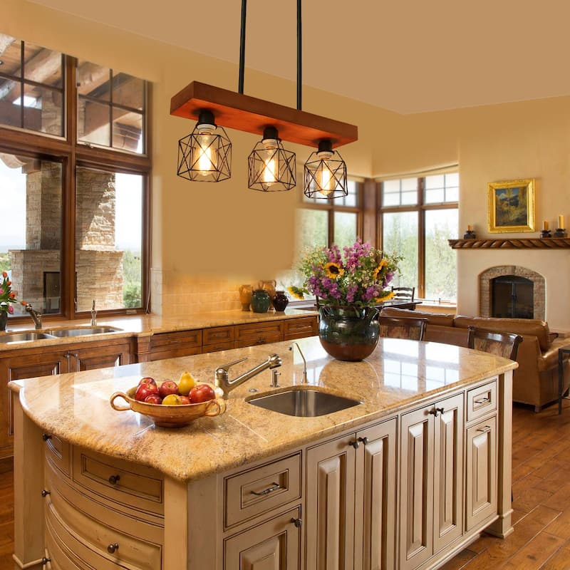 Anmytek Rustic Wood Metal Chandelier Kitchen Island 3-Light Fixture Adjustable Hanging Linear Chandelier for Dining Room