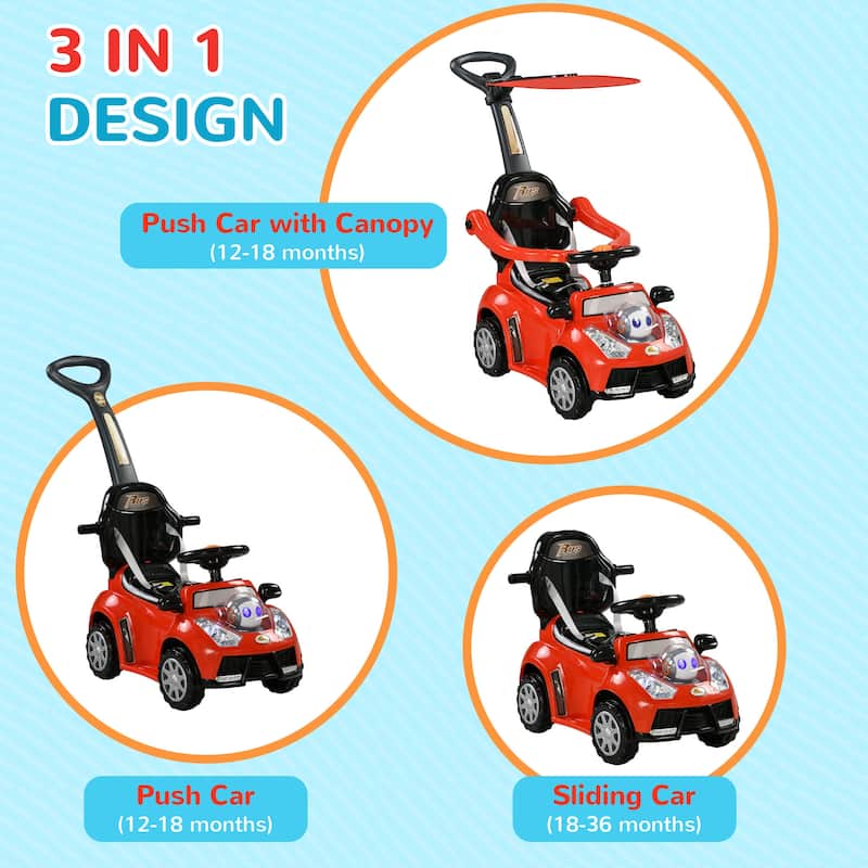 3-in-1 Baby Push Car with Sliding Function, Removable Pedal, Canopy, Safety Fence, Music, and Horn for Toddlers 12-36 Months