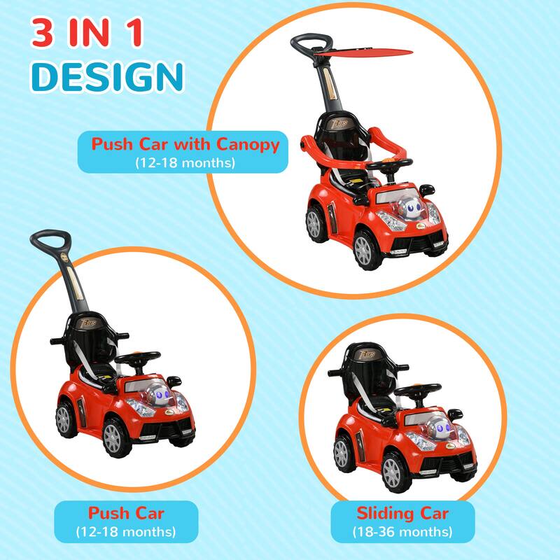 Qaba Push Car for Kids 1-3 Years, 3-in-1 Ride-On Sliding Car with Music, Horn, and Removable Handle