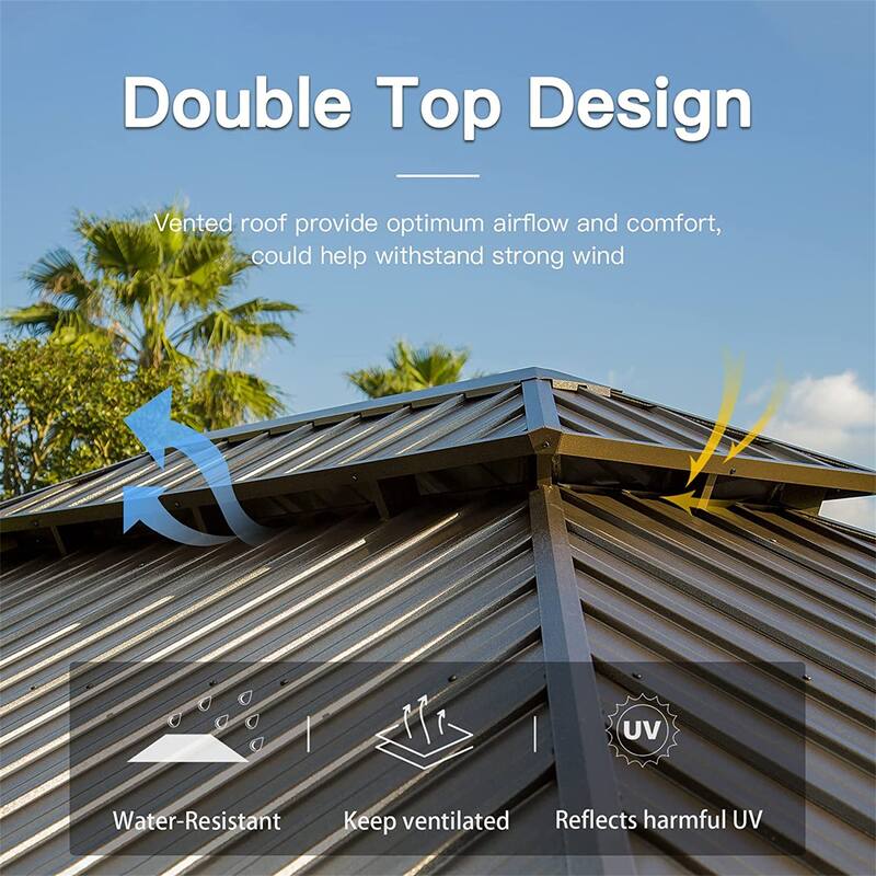 12' x 14' Hardtop Gazebo Aluminum Frame with Galvanized Steel Double Roof Curtains and Netting