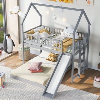 Twin Over Full Bunk Bed with Slide and Built-in Ladder, Wooden Floor House Shaped Bedframe w/Full-Length Guardrail & Roof