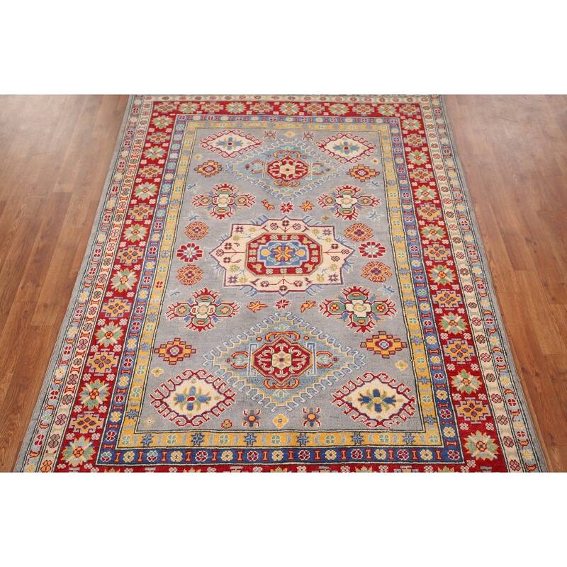 Gray Geometric Kazak Oriental Area Rug Hand-Knotted Wool Carpet - 4'11" x 6'10"