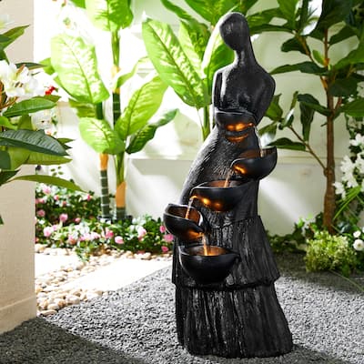 Glitzhome 5-Tiered Modern Women Sculpture Polyresin Outdoor Floor Fountain with LED Lights