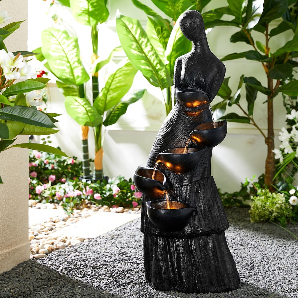 Glitzhome 5-Tiered Modern Women Sculpture Polyresin Outdoor Floor Fountain with LED Lights
