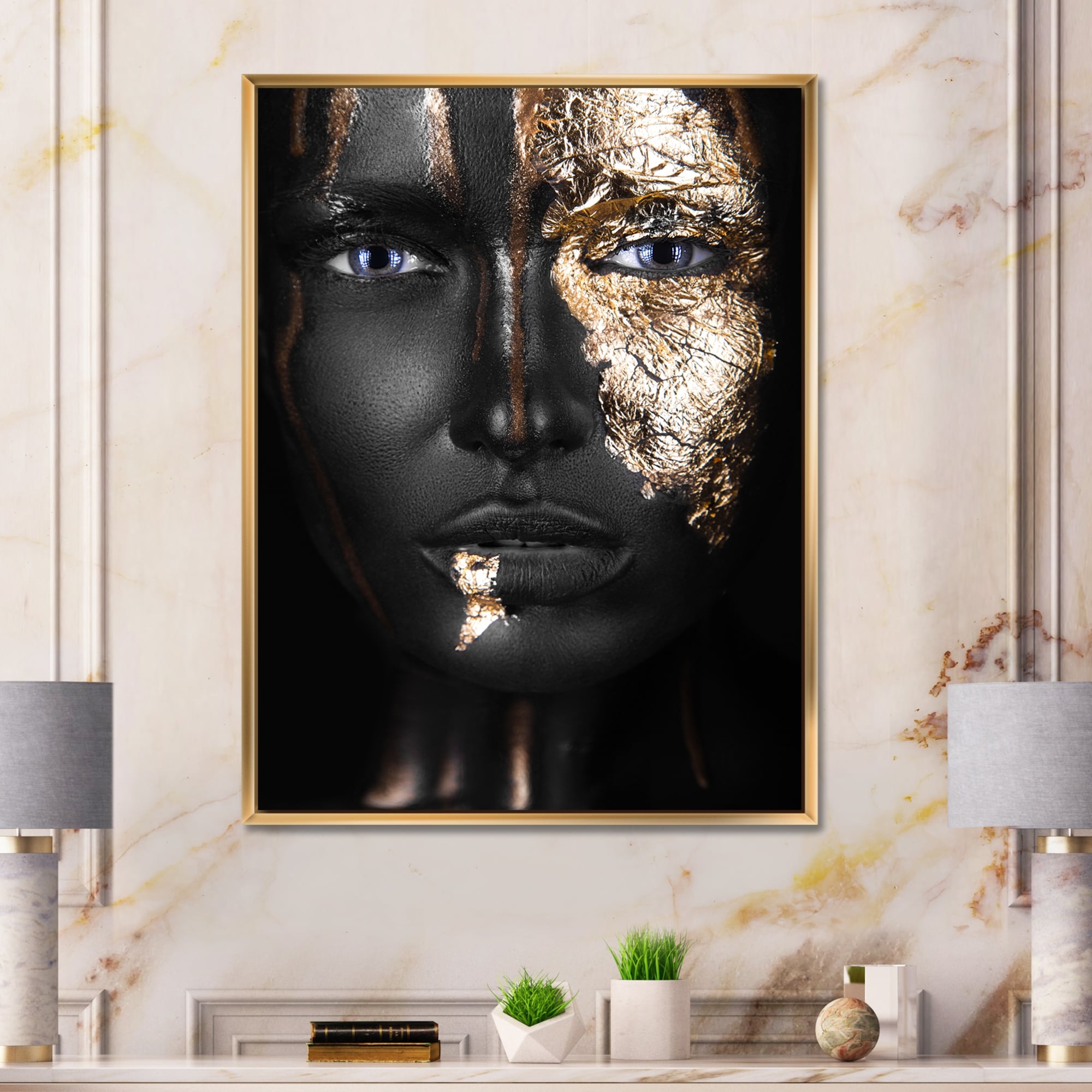Designart "Portrait of A African American Girl with Gold Makeup" Modern Framed  Canvas Wall Art Print On Sale Bed Bath  Beyond 33753752