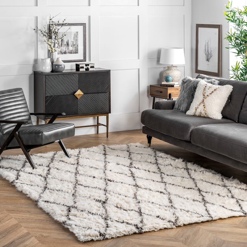 Nuloom Handmade Moroccan Trellis Wool Shag Rug - 2' x 3' - Ivory - Rectangle