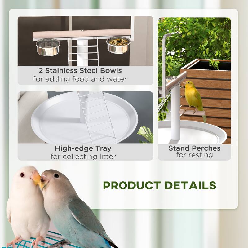 PawHut Bird Stand, Parrot Stand with Wheels, Perches, Stainless Steel Feed Bowls, Round Tray, Bird Play Stand for Indoor Outdoor