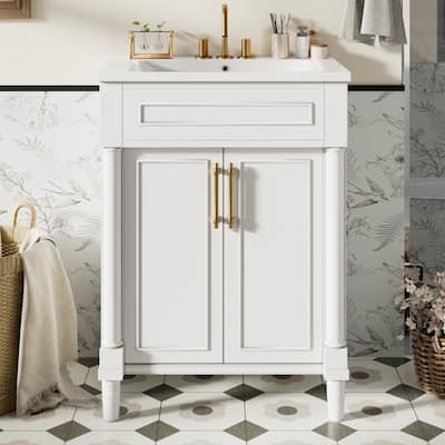 Elegant Bathroom Vanity Freestanding Storage Cabinet with Sink, 2 Doors, Gold Handles and Adjustable Interior Shelf