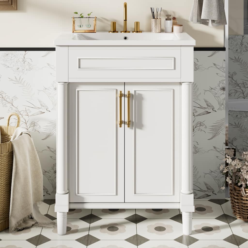 Elegant Bathroom Vanity Freestanding Storage Cabinet with Sink, 2 Doors, Gold Handles and Adjustable Interior Shelf