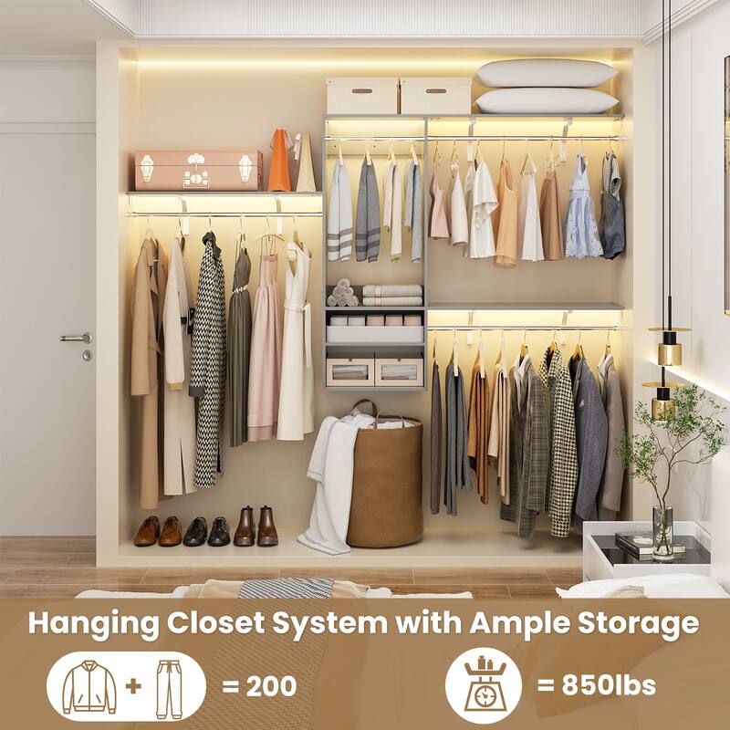 96'' W Wall-mounted Closet System with Storage Shelves and Hanging Rods,Adjustable Walk-in Closet Organizer System
