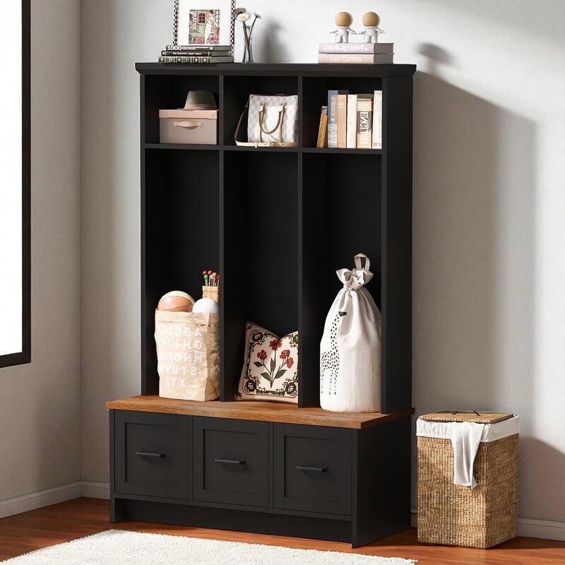 Modern 40.2 in Hall Tree with Entryway Bench, 3 Top Shelves & 3 Drawers, Storage Organizer for Hallway, 65.4 in H - Black
