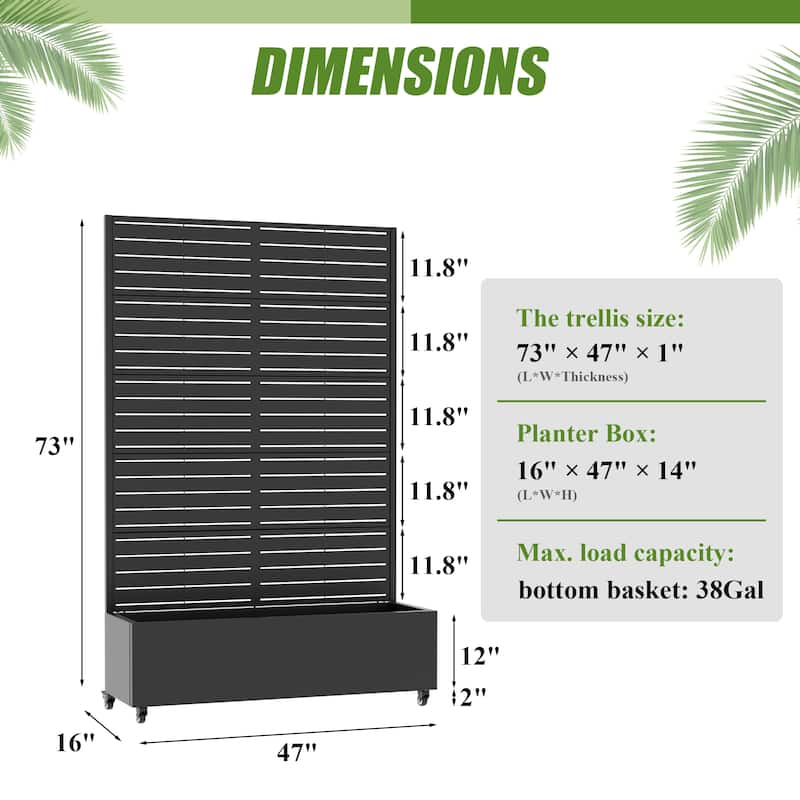 Metal Galvanized Planter Box with Trellis Privacy Screen Lockable Wheels