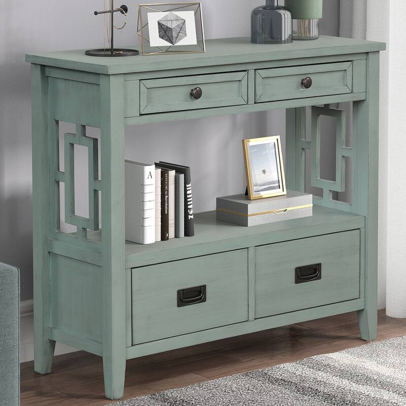 36'' Pine Entryway Table Console Table with 4 Drawers & Open Shelf, Farmhouse Side Table Sofa Table for Entryway Living Room