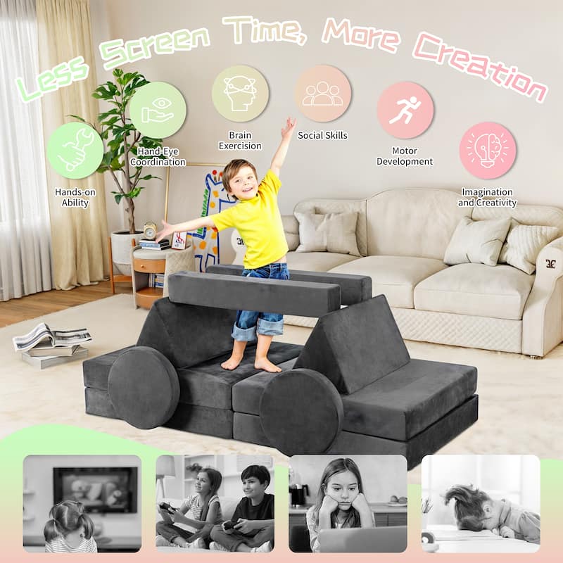 18-Piece Soft Building Blocks Set for Kids – Educational Foam Block Sofa for Climbing, Stacking & Creative Play - Grey - 2-4 Years