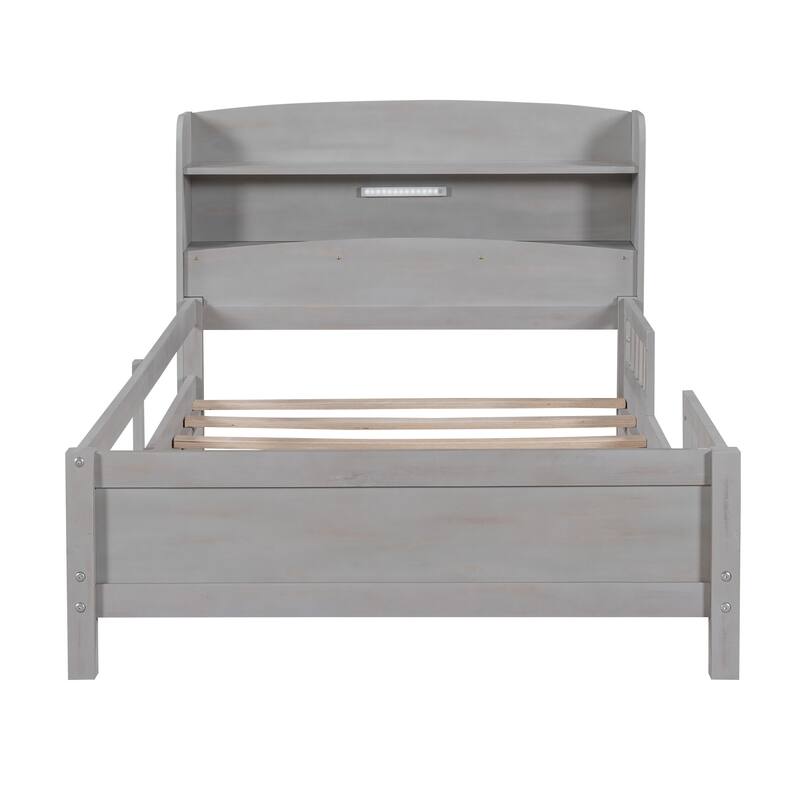 Twin Size LED Platform Bed with Storage Headboard & Guardrail, Antique Grey