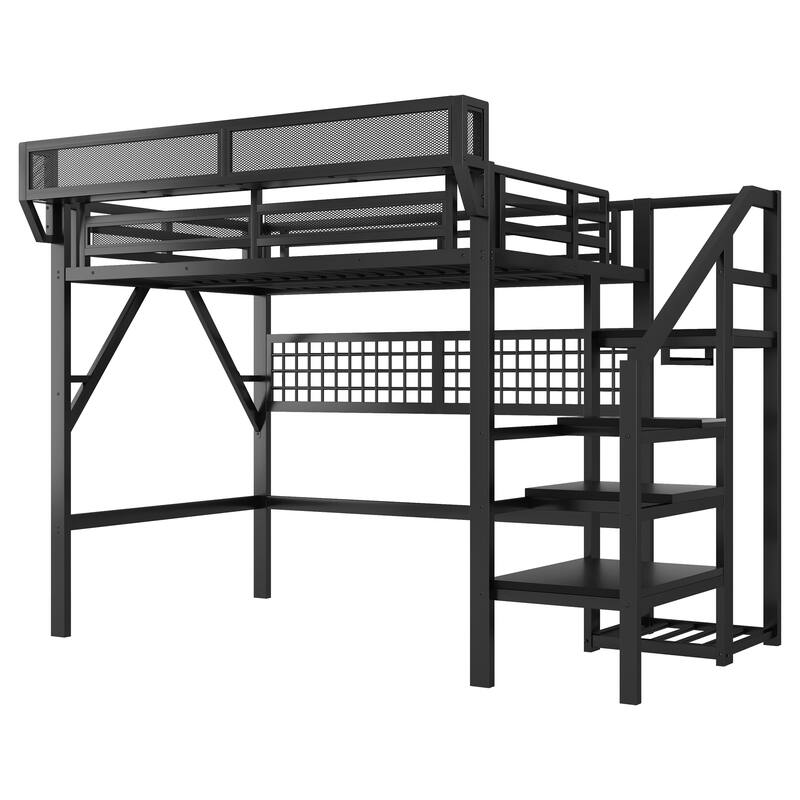 Full / Queen Metal Loft Bed with Stairs Light Storage Wardrobe for Kids Teens Adults
