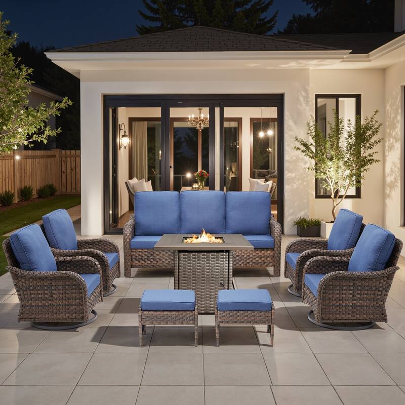 Pocassy Patio Funiture Sofa Swivel Chair Ottoman with Fire Table Set - Blue Cushion - Brown Wicker - 8-Piece Sofa Swivel Chair Ottoman w/ Fire Table