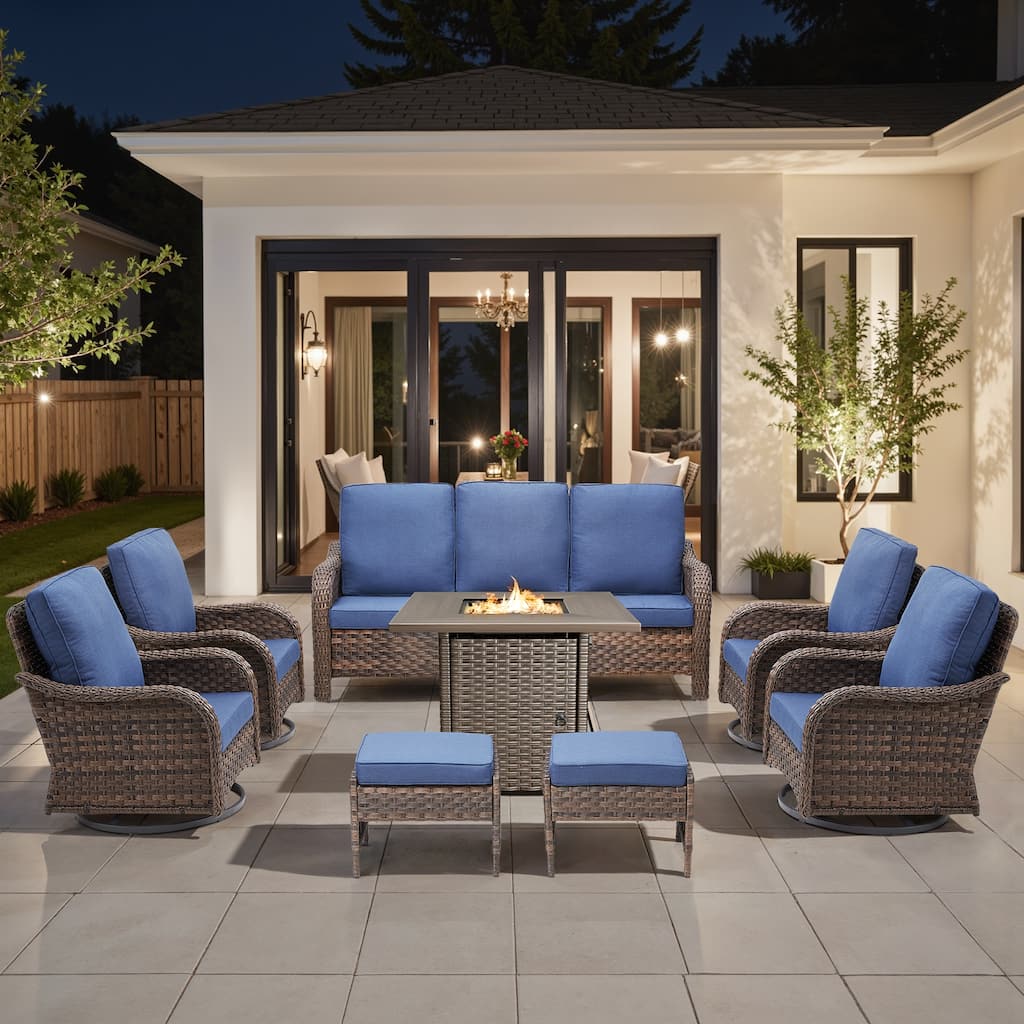 Pocassy Patio Funiture Sofa Swivel Chair Ottoman with Fire Table Set