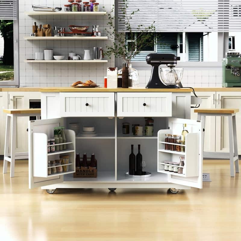 48" Rolling Kitchen Island with Drop Leaf, Power Outlet & 2 Bar Stools, Storage Cart with Drawers & Racks - Without Stools-White