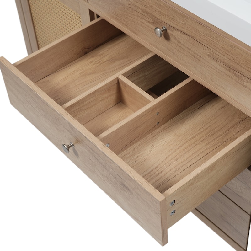 Bathroom Vanity with SMC Sink, Large Storage Bathroom Storage Cabinet with Soft Close Drawers and Rattan Doors