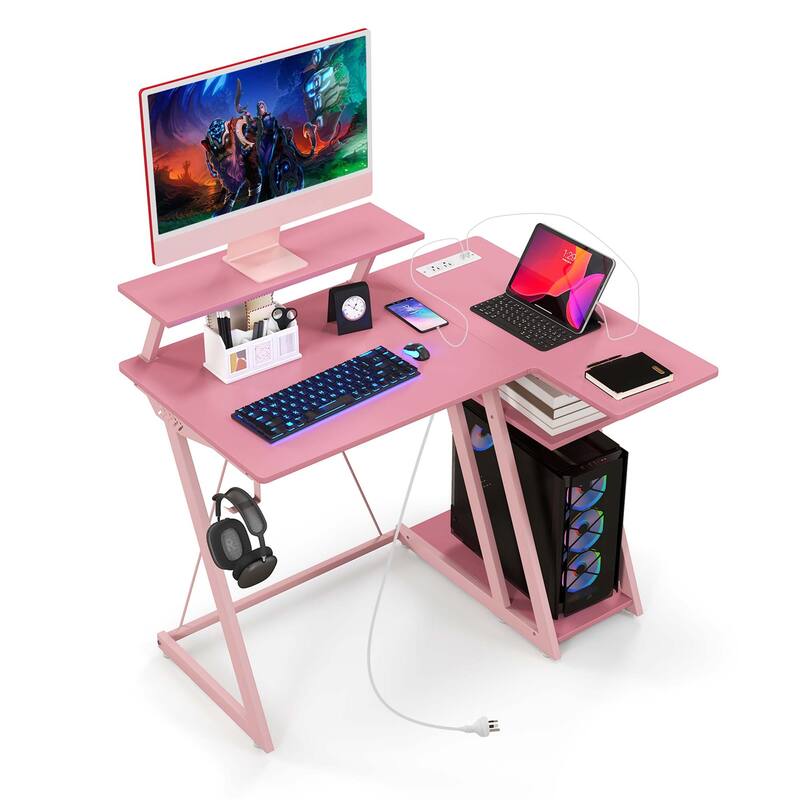 Costway L Shaped Gaming Desk with Outlets & USB Ports Monitor Shelf