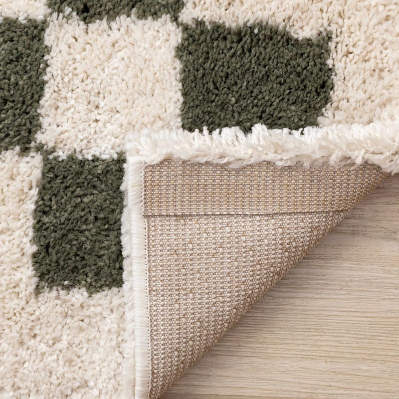 Cream Green Soft Shag Checkerboard Area Rug, 5'3" x 7'7"