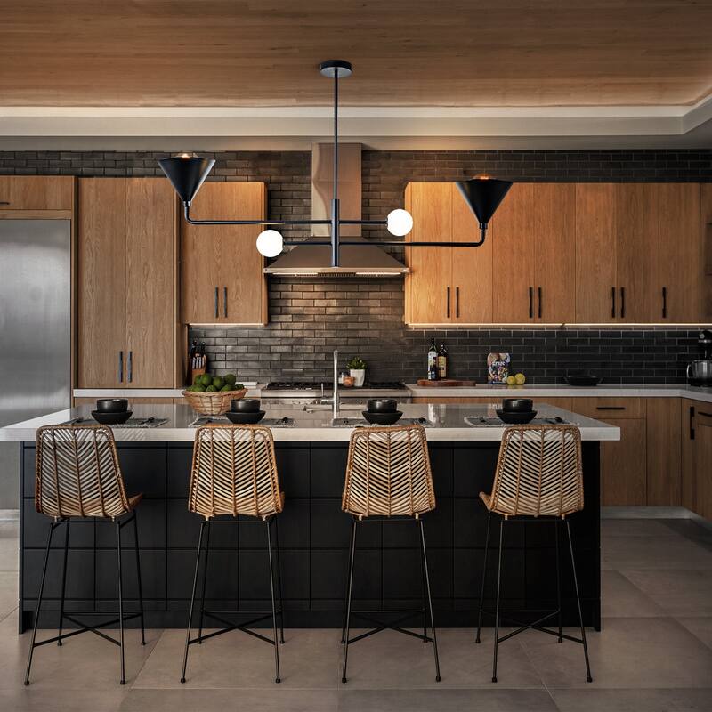 4-Light Modern Trumpet Iron Cone Shade Linear Chandelier Globe Glass Kitchen Island Light