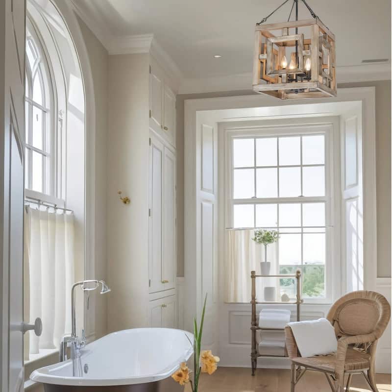 Farmhouse 4-Light Lantern Chandelier Rustic Square Wood Pendant Light - W13.5"xD13.5"xH13.5"