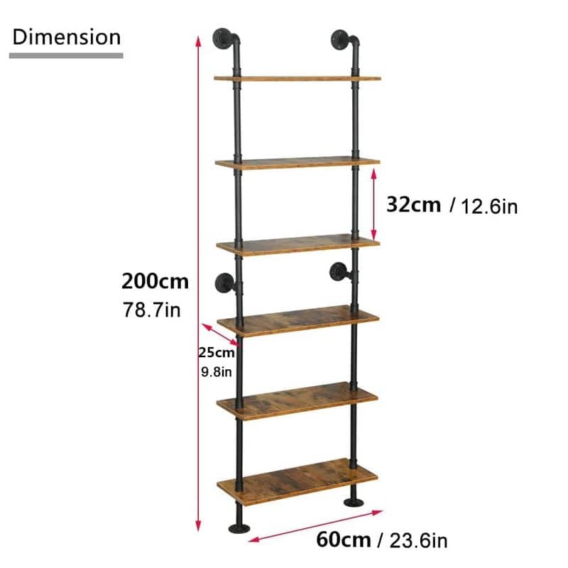 6-Tier Pipe Shelves Ladder Shelf - 9.8"D x 23.6"W x 78.7"H