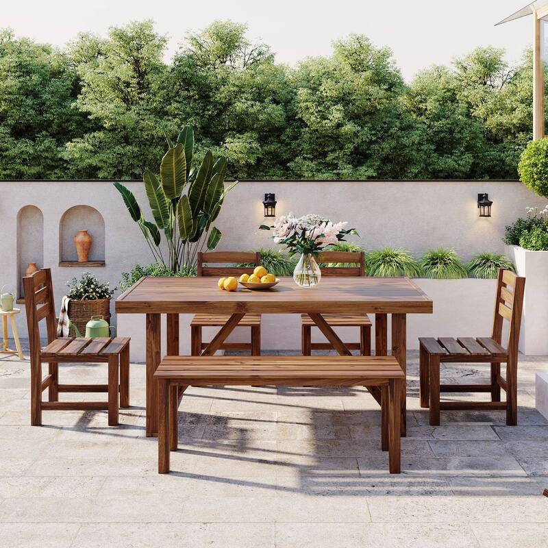 Premium Acacia Wood 6-Piece Outdoor Dining Set, Table, Bench & Chairs, Weather-Resistant Patio Furniture