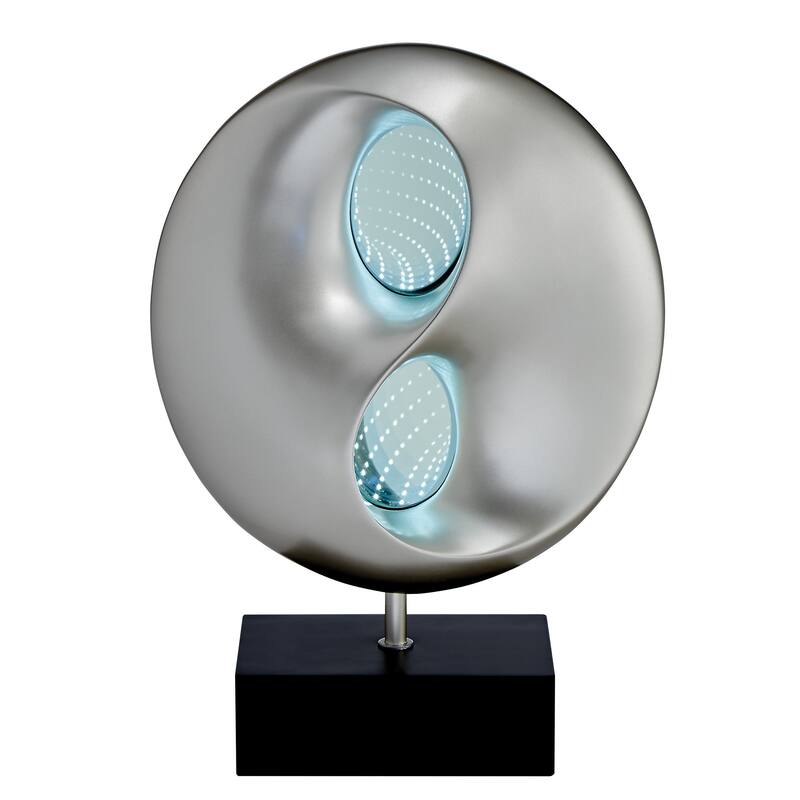 Nila 20 Inch LED Table Lamp, Black Silver Polyresin Orb Sphere, Block Base
