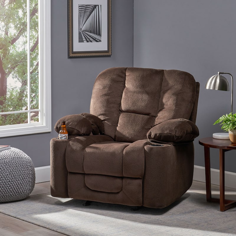 Brown Fabric Manual Recliner with Dual Cup Holders and Generous Dimensions