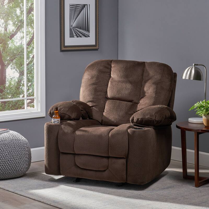 Stylish Manual Recliner with Soft Fabric Upholstery, Plush Padding, and Dual Cup Holders