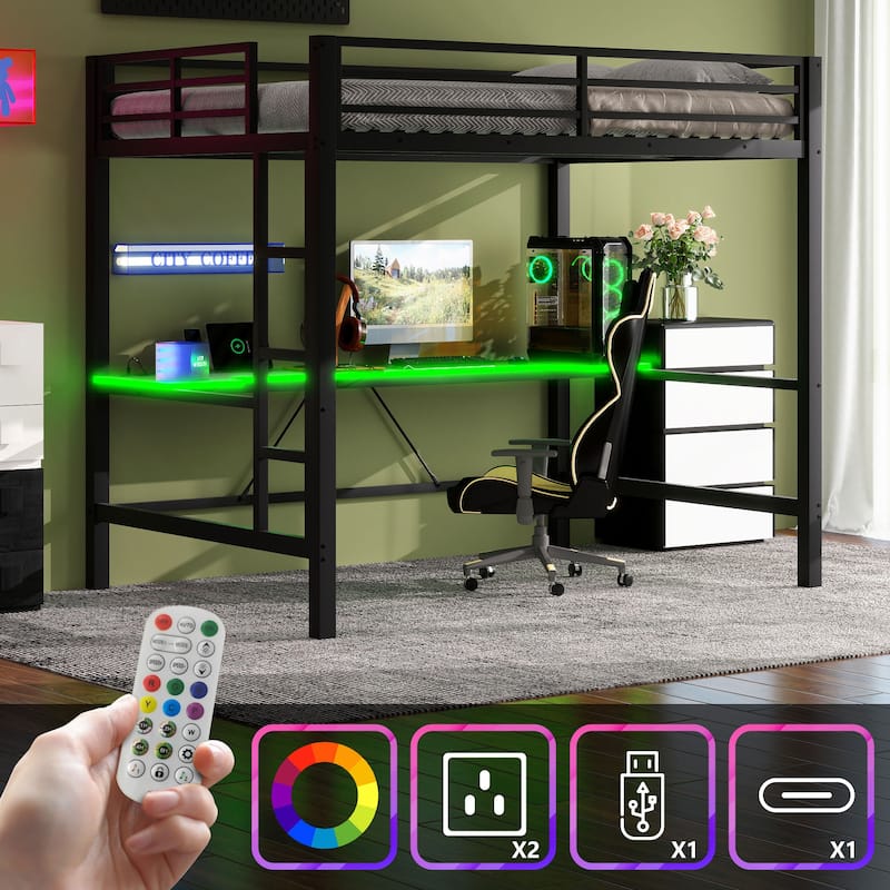 Full Size Metal Gaming Loft Bed with LED Lights, USB Charging Station and Desk