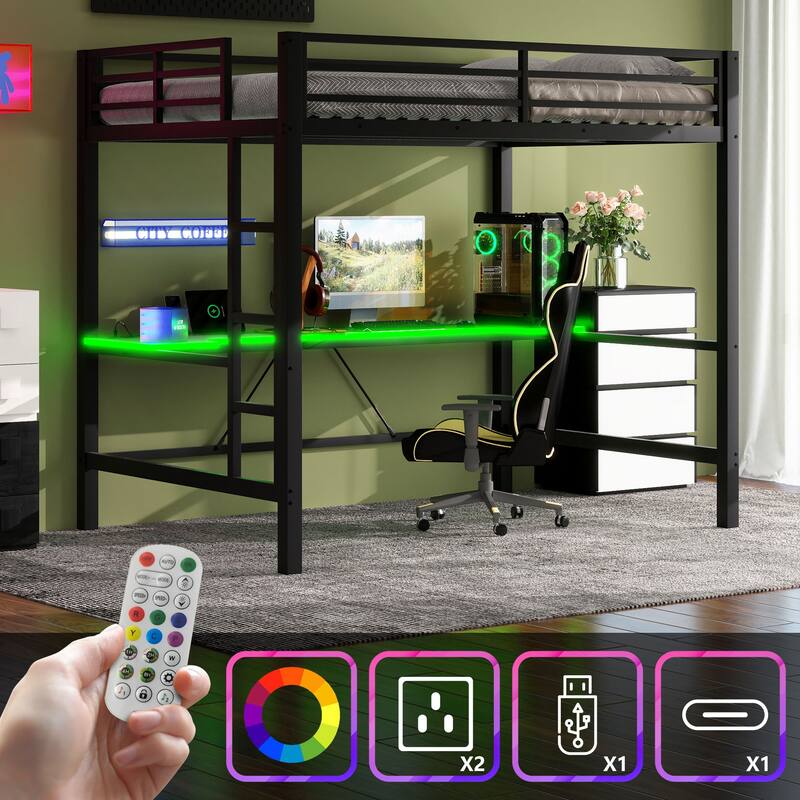 Twin/Full Size Gaming Metal Loft Bed with Desk, Remote LED Light & USB Charging Station - Space-Saving Frame