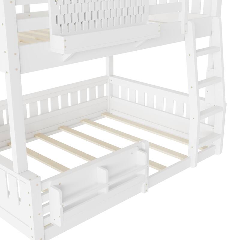 Full XL over Queen/Full over Queen Bunk Bed with Ladder and Guardrails, Pegboard and bookshelf, White