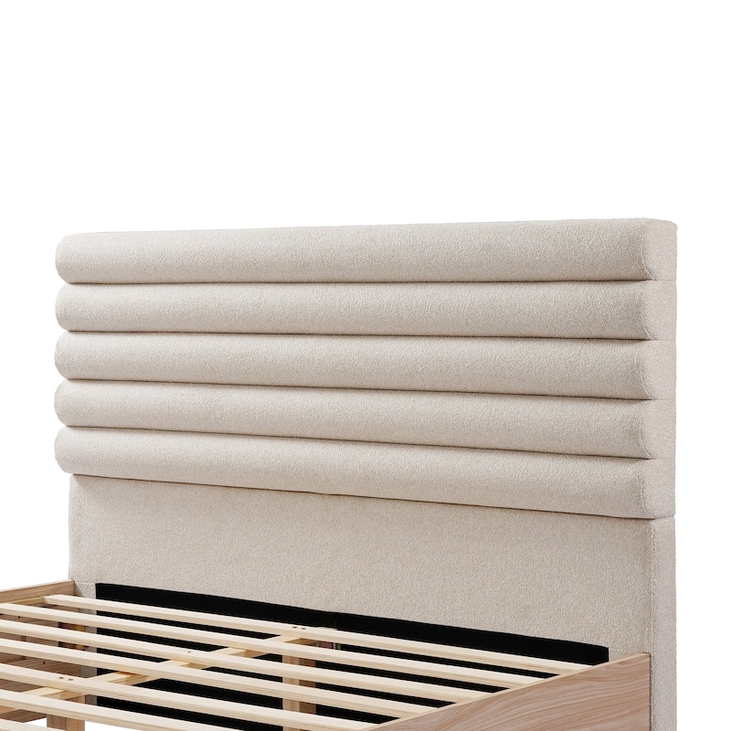 Queen Wood Platform Bed Frame with Upholstered Headboard