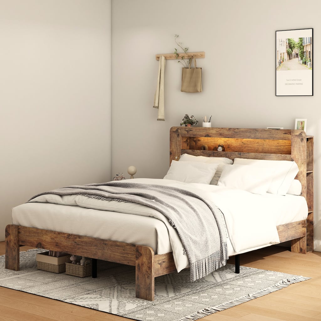 Bed Frame King Size, Wood Platform Bed Frame with Storage LED Light Headboard and 2 USB, Noise Free, No Box Spring Needed