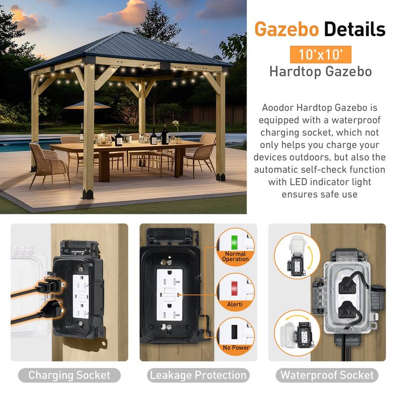 Aoodor 10 x 10 ft Wooden Frame Gazebo with 2-Tier Galvanized Metal Hardtop Roof, Outdoor Patio Gazebo with Charging Socket