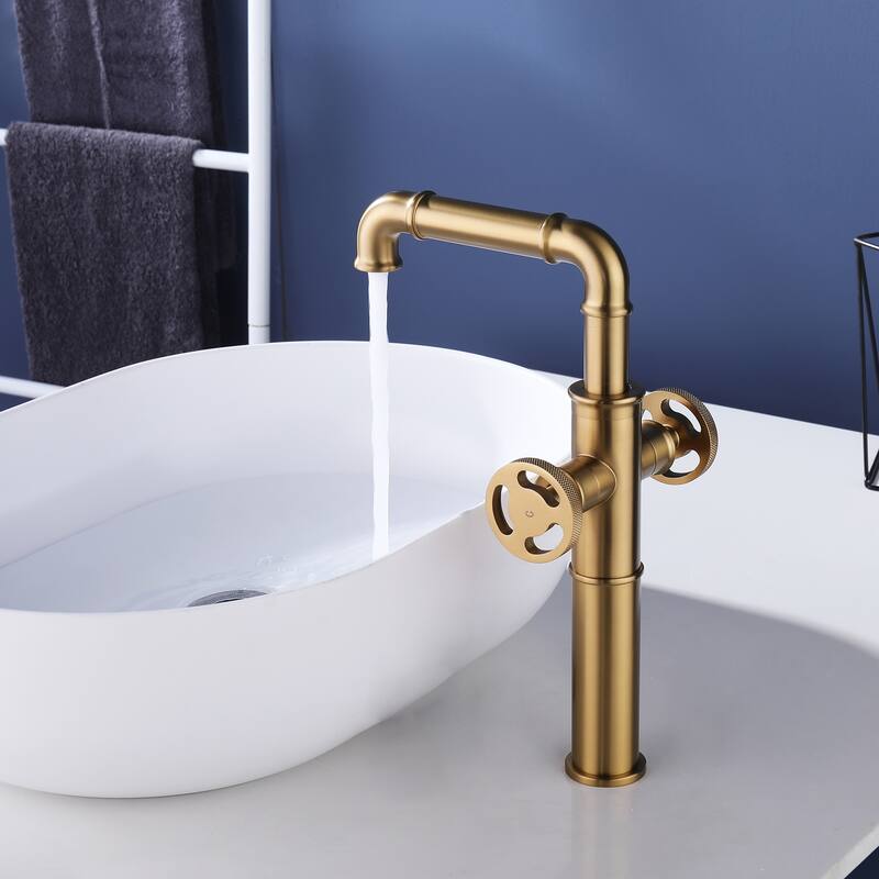 Two Handles Single Hole Deck Mounted Industrial Bathroom Faucet With 360 Degrees Swivel Spout