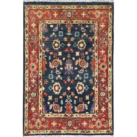 Shahbanu Rugs Denim Blue Natural Dyes Densely Woven Wool Hand Knotted Afghan Peshawar All Over Heriz Design Mat Rug (2'x2'10")