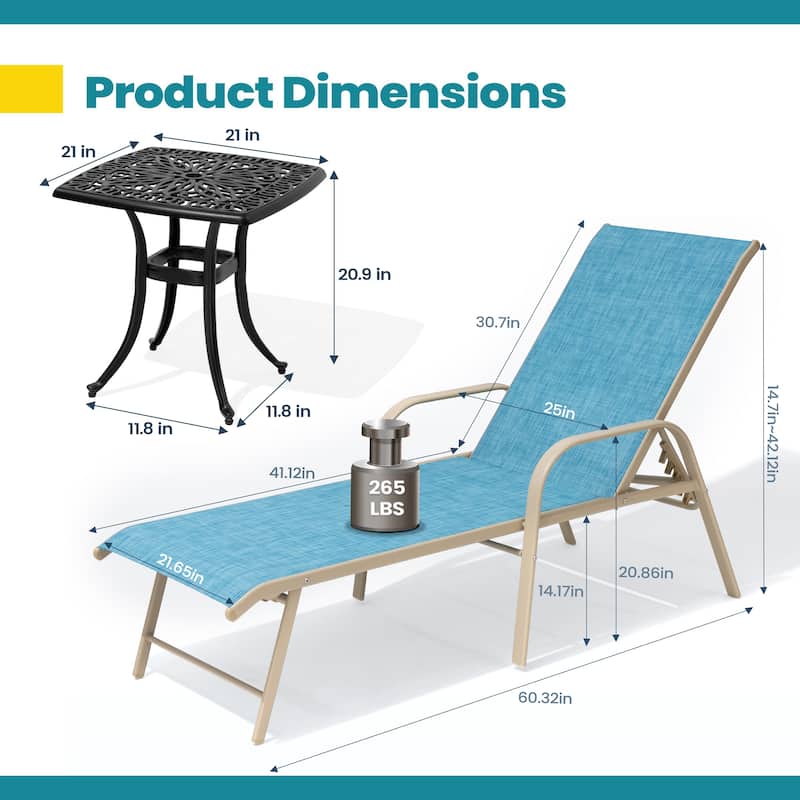 Pellebant Outdoor Patio Lounge Chairs Set Aluminum Adjustable Backrest with Side Table