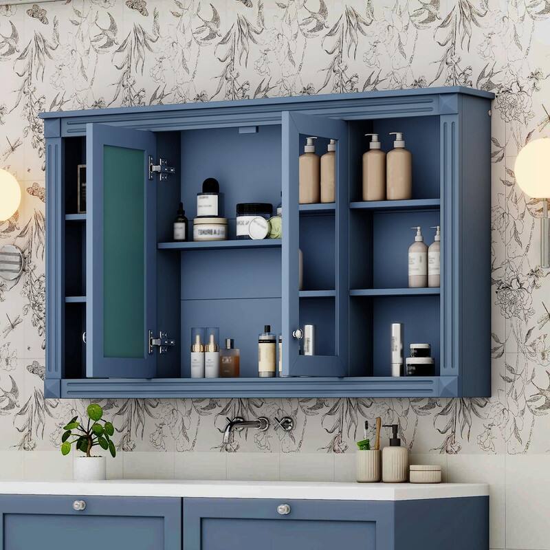 47-Inch Bathroom Mirror Cabinet with Storage, Adjustable Shelf, Open Shelves