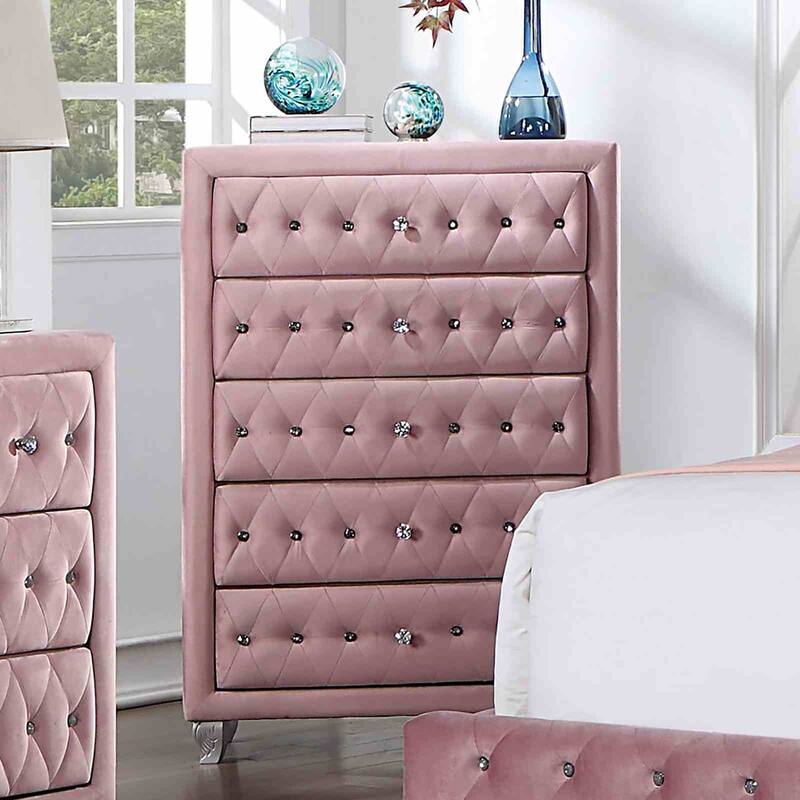Glam Style Pink Upholstered Bedroom Set with Crystal Tufting