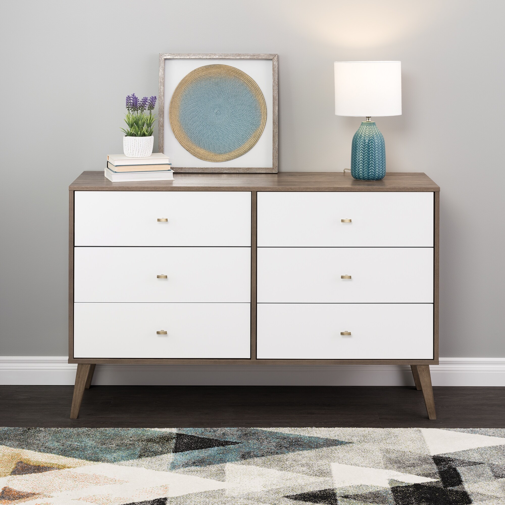 Milo Mid-Century Modern 6-Drawer Double Dresser, Drifted Gray and White -  Bed Bath & Beyond - 36139304