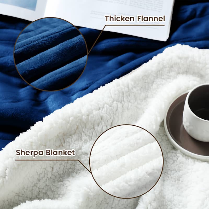 Flannel and Sherpa Fleece Throw Heated Blanket with a Controller