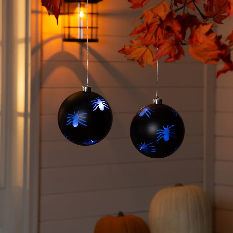 6" Shatterproof Battery Operated LED Ornament with Spiders, Black, Set of 2